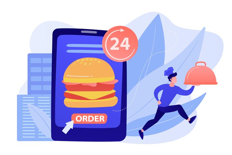 Vetor grátis peça um hambúrguer enorme no tablet disponível 24 horas e um cozinheiro servindo prato. serviço de entrega de comida, pedido de comida online, conceito de serviço de comida 24 horas por dia, 7 dias por semana. ilustração de vetor isolado de coral rosa