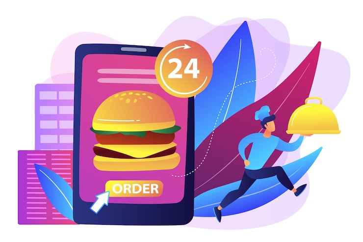 Vetor grátis peça um hambúrguer enorme no tablet disponível 24 horas e um cozinheiro servindo prato serviço de entrega de comida, pedido de comida online, conceito de serviço de comida 24 horas por dia, 7 dias por semana.