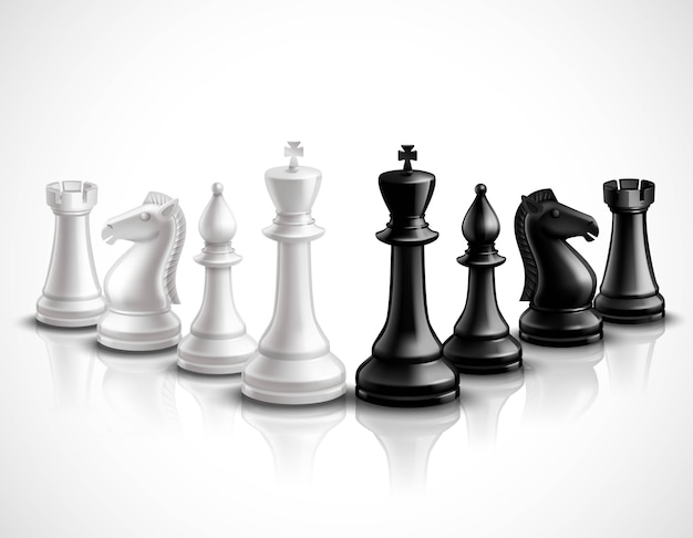 Vetor grátis peças de jogo de xadrez realista conjunto de ícones 3d com reflexão