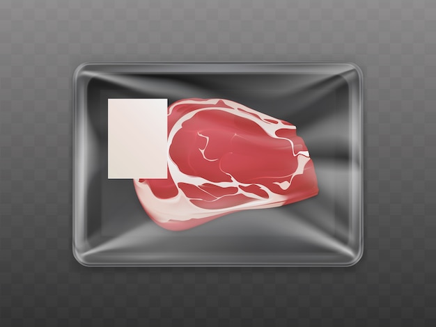 Vetor grátis pedaço de carne crua de carne embalada em recipiente plástico selado com etiqueta de preço