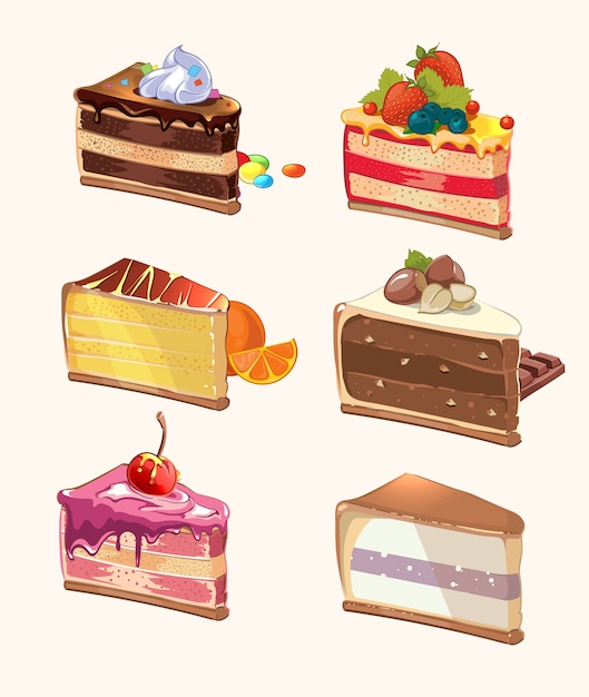 Pedaços de bolo de desenho animado. Lanche gostoso, baga bem gostoso, torta com cereja, comidinha doce, pedaço de sobremesa. Ilustração vetorial