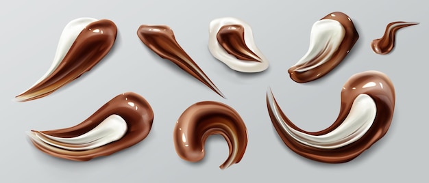 Pedaços de chocolate marrom-branco líquido manchas em molho de ganache ou xarope e manchas derretidas isoladas