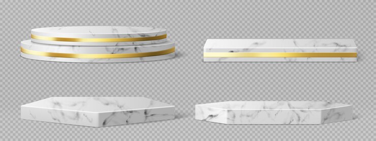 Vetor grátis pedestais ou pódios de mármore com molduras douradas e decoração, bordas redondas e quadradas em palcos vazios geométricos, exibições de pedras para apresentação de produtos, plataformas de galerias conjunto de vetores 3d realistas