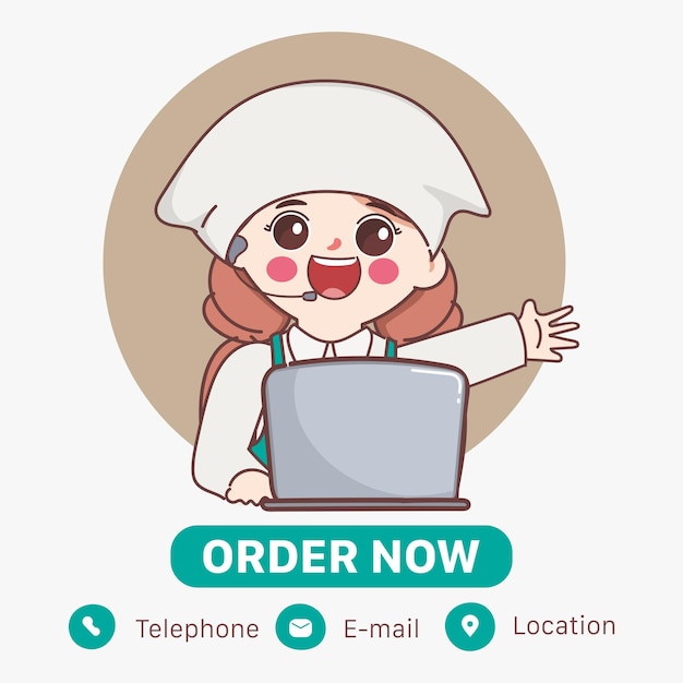 Vetor grátis pedido de serviços de call center design de personagem barista de desenho animado bonito com fone de ouvido e laptop