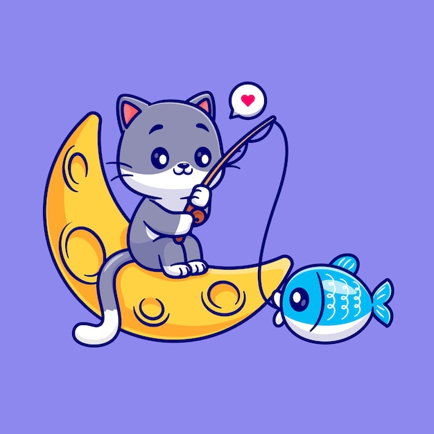 Vetor grátis peixes bonitos da pesca do gato na ilustração do ícone do vetor dos desenhos animados da lua. conceito de ícone de natureza animal isolado