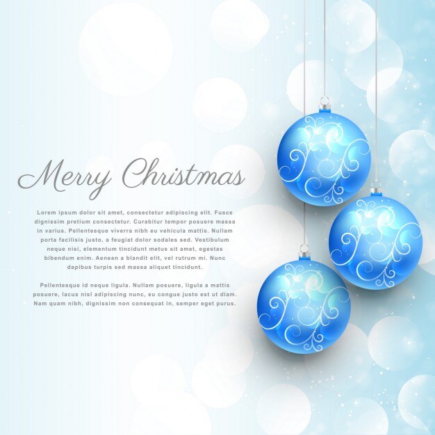Vetor grátis pendurado esferas azuis do natal com decoração floral e efeito bokeh fundo do feliz natal