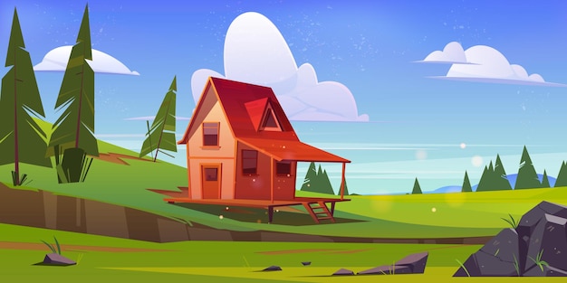 Pequena casa de madeira na colina com grama verde e árvores Ilustração vetorial dos desenhos animados da paisagem de verão ou primavera do campo com casa de campo com varanda