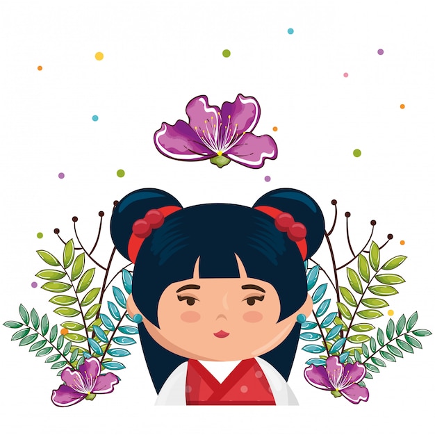 Pequena garota japonesa kawaii com caráter de flores