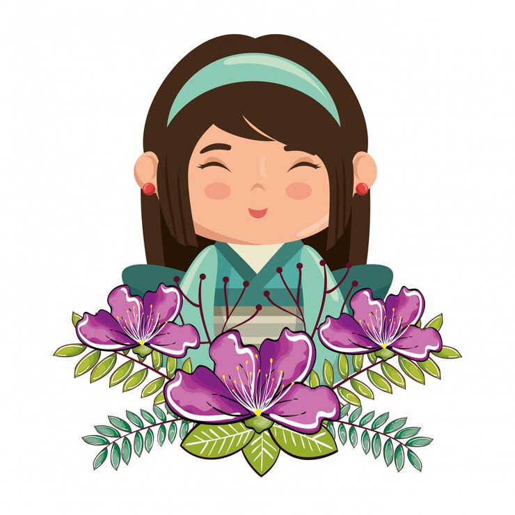 Vetor grátis pequena garota japonesa kawaii com caráter de flores
