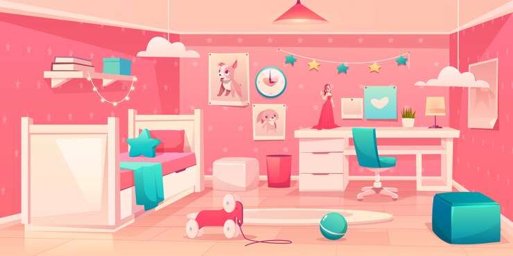 Vetor grátis pequena menina quarto acolhedor interior dos desenhos animados