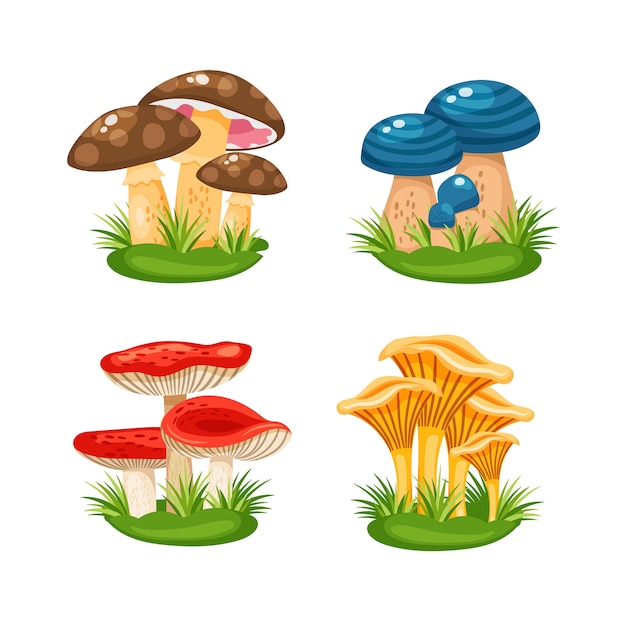 Vetor grátis pequenas famílias fofas de cogumelos na grama na ilustração vetorial de fundo branco