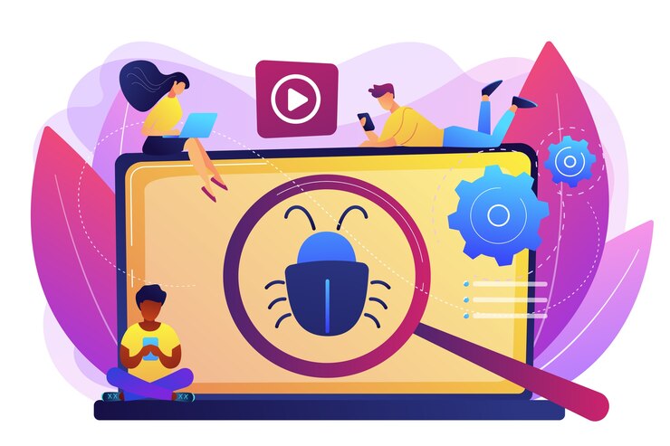 Vetor grátis pequenos empresários com dispositivos digitais testando software de demonstração. teste beta, teste de novo produto, conceito de experiência do usuário pré-venda. ilustração isolada violeta vibrante brilhante