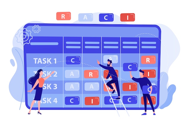 Vetor grátis pequenos empresários em gráfico de responsabilidade com tarefas. matriz raci, matriz de atribuição de responsabilidade, conceito de gráfico de responsabilidade linear