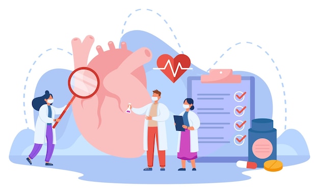 Pequenos médicos estudando enorme coração humano. Cardiologistas examinando paciente com ilustração vetorial plana de doença cardiovascular. Saúde, diagnóstico, conceito de cardiologia para banner ou página da web de destino