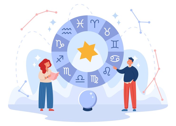 Vetor grátis pequenos personagens com símbolos dos signos do zodíaco e bola mágica. estrelas, constelações, mulher lendo ilustração em vetor plana horóscopo. astrologia, conceito de astronomia para banner ou página de destino