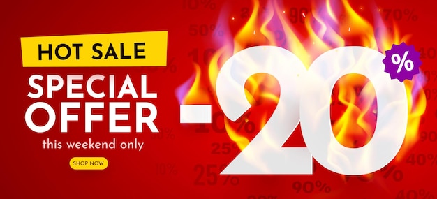 Percentual de desconto no banner de venda com cartaz de desconto de números em chamas