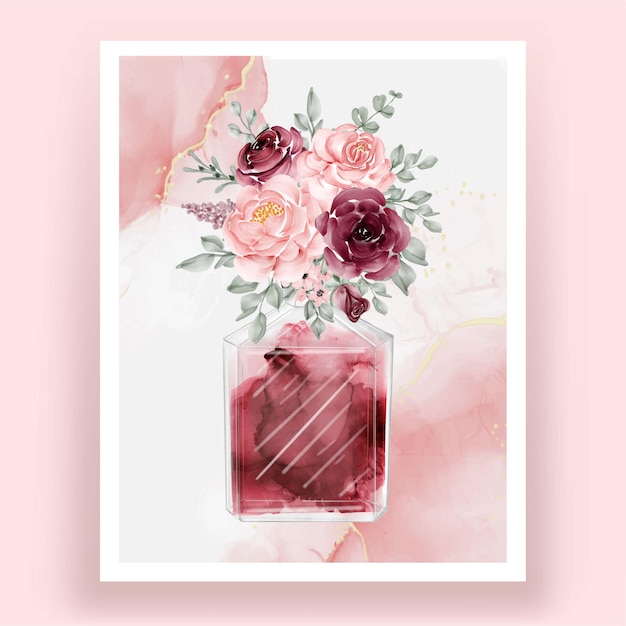Vetor grátis perfume com flor rosa rosa bordô
