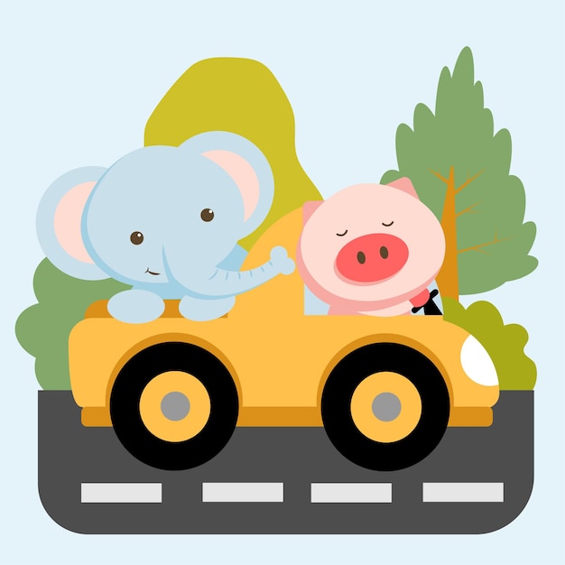 Vetor grátis personagem animal com elefante e porco no carro