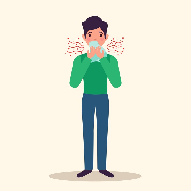 Vetor grátis personagem de alergia espirros conceito com sintomas, ilustração vetorial plana