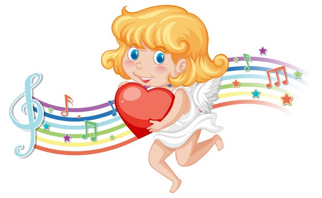 Personagem de anjo cupido com símbolos de melodia no arco-íris