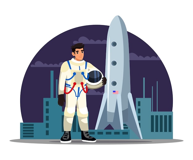 Vetor grátis personagem de astronauta homem em traje espacial segurando o capacete na mão em pé perto do ônibus espacial pronto para começar no lançamento da missão de descoberta de pesquisa do porto espacial