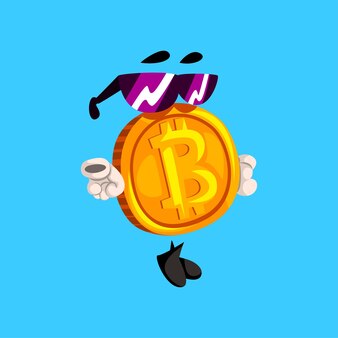 Personagem de bitcoin engraçado em óculos de sol, vetor de emoticon de criptomoeda ilustração isolada em um fundo do azul do céu.