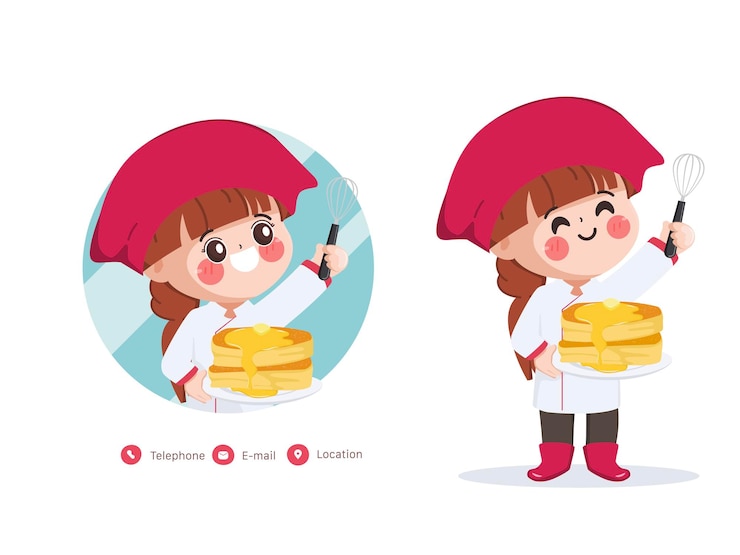 Vetor grátis personagem de chef fofo no personagem de loja de padaria com panqueca de melhor qualidade vetor de desenhos animados desenhados à mão