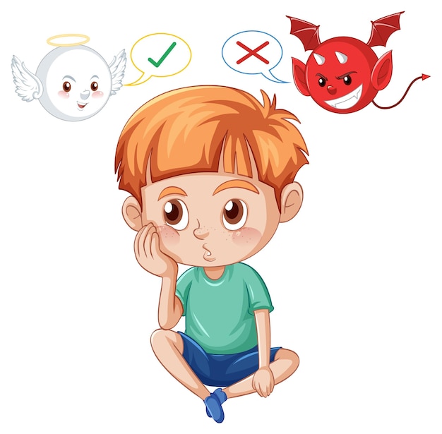 Personagem de desenho animado com diabo e anjo lutando em pensamento