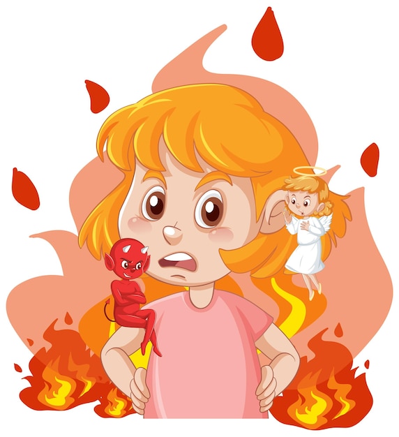 Personagem de desenho animado com diabo e anjo lutando em pensamento