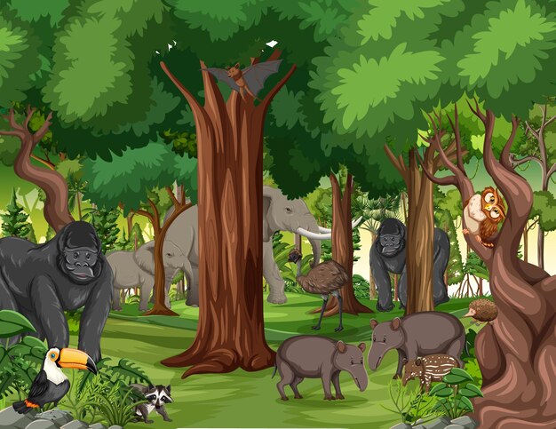Personagem de desenho animado de animal selvagem na cena da floresta