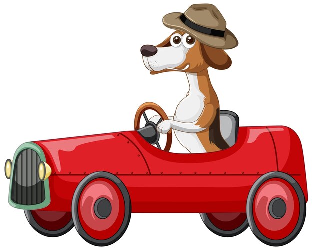 Personagem de desenho animado de cachorro engraçado dirigindo carro em fundo branco