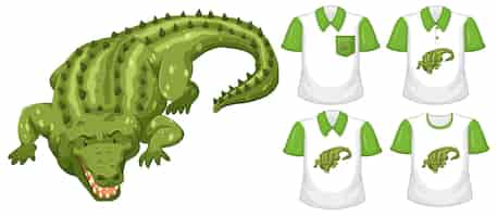 Vetor grátis personagem de desenho animado de crocodilo verde com muitos tipos de camisas em fundo branco