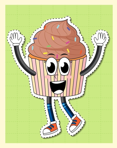 Vetor grátis personagem de desenho animado de cupcake fofo no fundo da grade