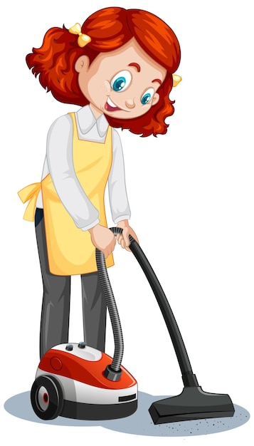 Personagem de desenho animado de empregada doméstica usando uniforme usando aspirador de pó