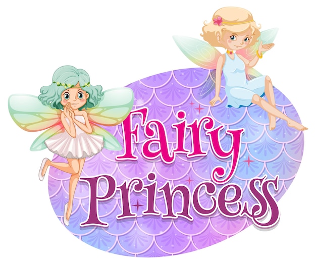 Personagem de desenho animado de fada com tipografia de fonte fairy princess em escalas pastel isoladas