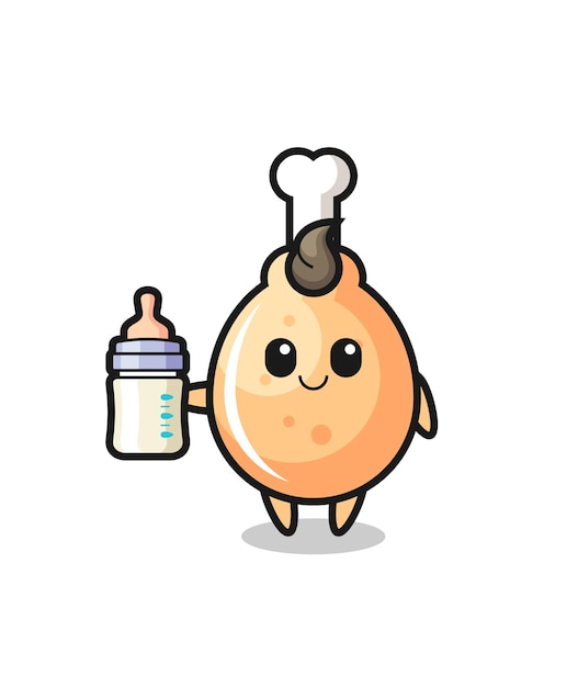 Personagem de desenho animado de frango frito bebê com garrafa de leite Vetor Premium