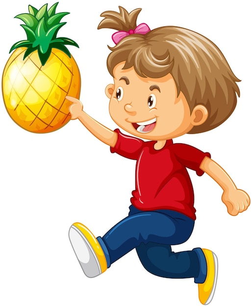 Personagem de desenho animado de garota feliz segurando um abacaxi