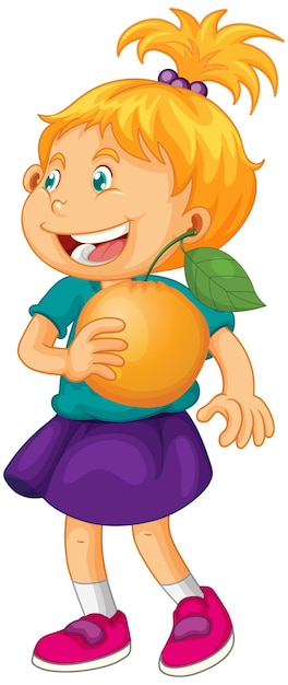 Vetor grátis personagem de desenho animado de garota feliz segurando uma laranja