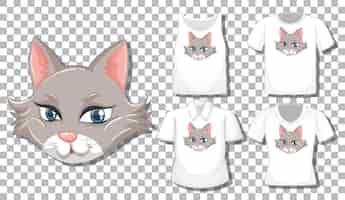 Vetor grátis personagem de desenho animado de gato com conjunto de diferentes camisas isoladas