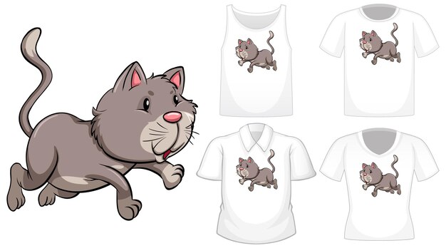 Vetor grátis personagem de desenho animado de gato com um conjunto de diferentes camisas isoladas em branco