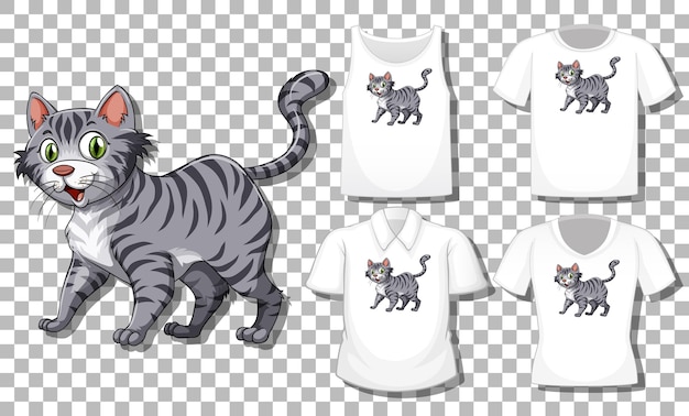 Vetor grátis personagem de desenho animado de gato com um conjunto de diferentes camisas isoladas em um fundo transparente