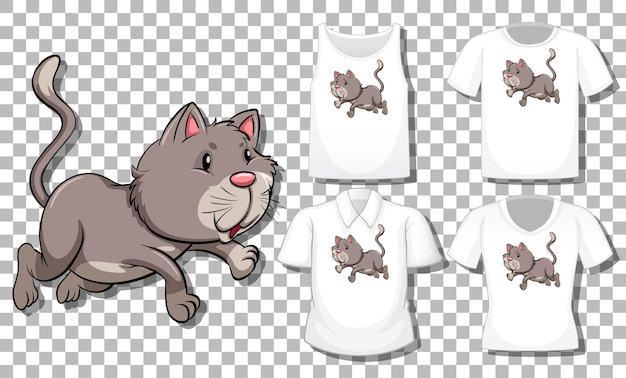 Personagem de desenho animado de gato com um conjunto de diferentes camisas isoladas em um fundo transparente