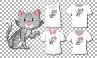 Vetor grátis personagem de desenho animado de gato com um conjunto de diferentes camisas isoladas em um fundo transparente