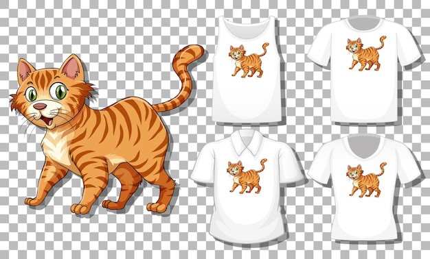 Vetor grátis personagem de desenho animado de gato com um conjunto de diferentes camisas isoladas em um fundo transparente