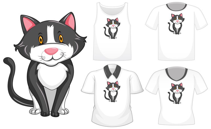 Vetor grátis personagem de desenho animado de gato com um conjunto de diferentes camisas isoladas no fundo branco