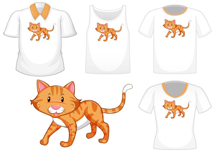 Vetor grátis personagem de desenho animado de gato com um conjunto de diferentes camisas isoladas no fundo branco