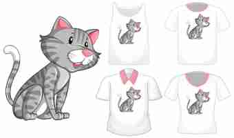 Vetor grátis personagem de desenho animado de gato com um conjunto de diferentes camisas isoladas
