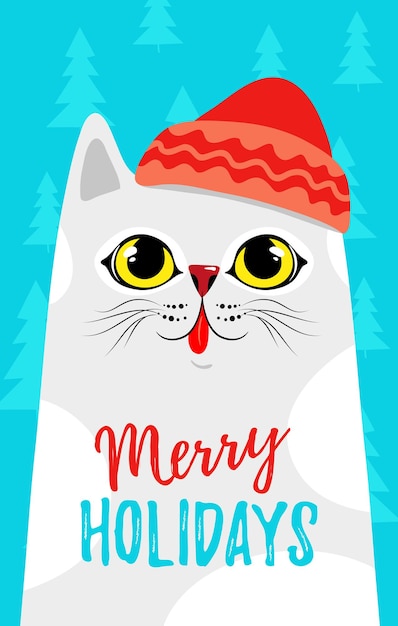 Personagem de desenho animado de gato para panfleto de banner de cartão de natal gatinho engraçado no chapéu de natal Vetor Premium