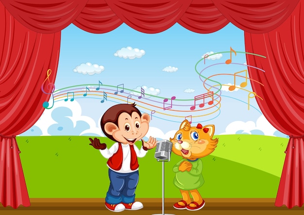 Personagem de desenho animado de macaco e gato cantando no palco