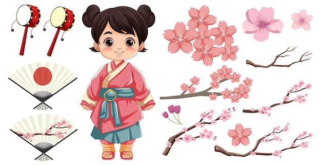 Personagem de desenho animado de menina asiática com flor de cerejeira japonesa